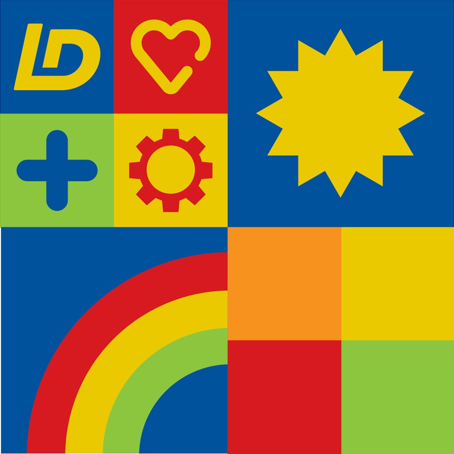 Mosaico de símbolos da campanha: monograma LD, coração, sol, engrenagem e arco-íris